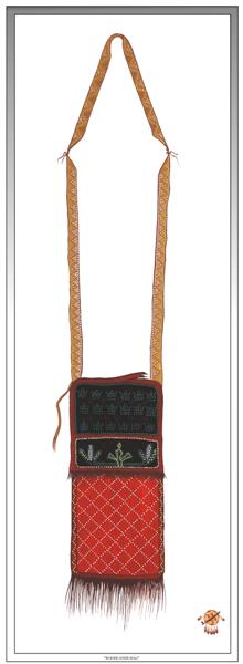 Having no pockets in his clothes, the Indian carried his possessions in bags or pouches.  Most bags made of rawhide, bird skins, buckskins, cloth and other materials were highly decorated with beadwork, quillwork, or painted designs.